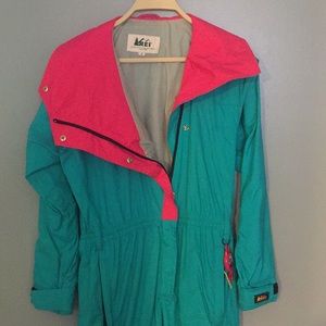 REI 80s ski snowsuit teal and pink